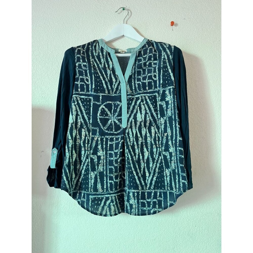 Tiny Womens Blue Geometric Print Roll-Tab Sleeve Henley Top Shirt Small Casual